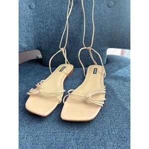 Nine West Womens 11M Beige Strappy Lace Up Ankle Wrap Square Toe Flat Sandals